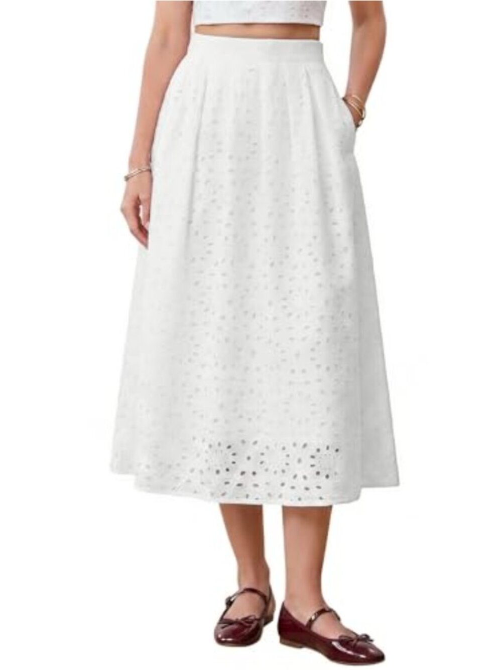 Boho High Waist A Line Eyelet Maxi Skirt Cotton Lined Flowy